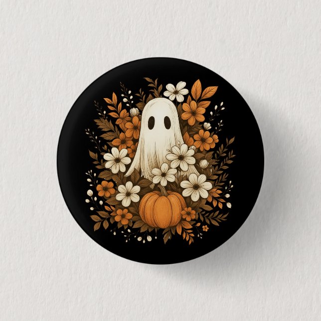 Cute Ghost With Pumpkin & Fall Flowers – Halloween Button (Front)