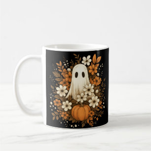 Cute Ghost With Pumpkin & Fall Flowers – Halloween Coffee Mug