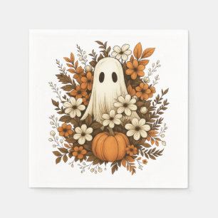 Cute Ghost With Pumpkin & Fall Flowers – Halloween Napkins