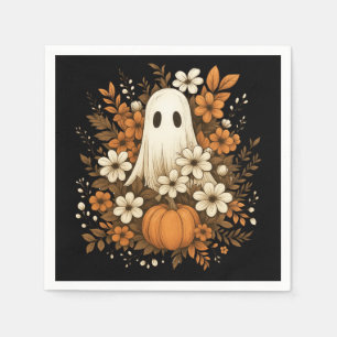 Cute Ghost With Pumpkin & Fall Flowers – Halloween Napkins