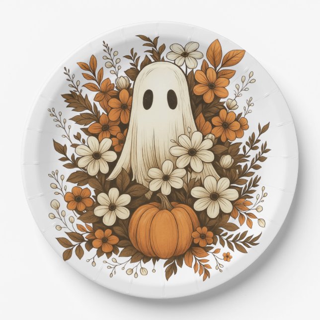 Cute Ghost With Pumpkin & Fall Flowers – Halloween Paper Plates (Front)
