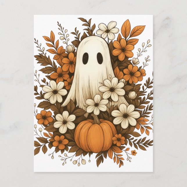 Cute Ghost With Pumpkin & Fall Flowers – Halloween Postcard (Front)
