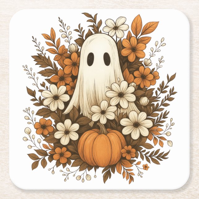 Cute Ghost With Pumpkin & Fall Flowers – Halloween Square Paper Coaster (Front)
