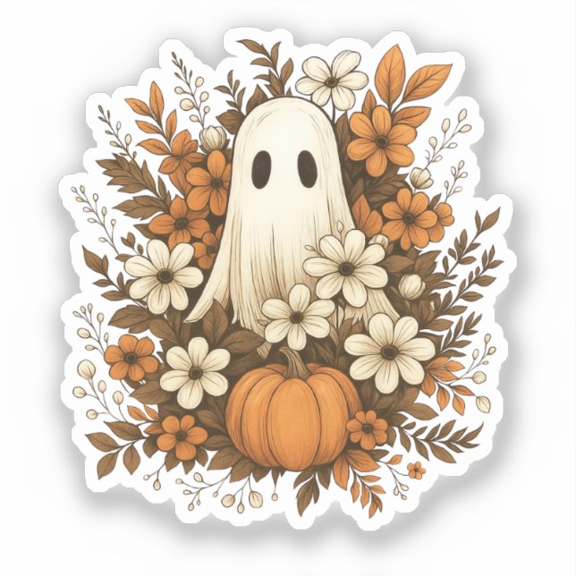 Cute Ghost With Pumpkin & Fall Flowers – Halloween Sticker (Front)