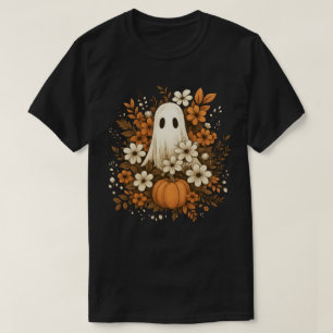 Cute Ghost With Pumpkin & Fall Flowers – Halloween T-Shirt