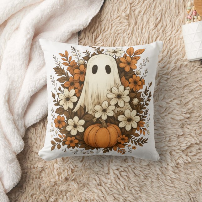 Cute Ghost With Pumpkin & Fall Flowers – Halloween Throw Pillow (Blanket)