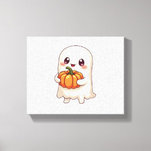 Cute Ghost with Pumpkin – Funny Halloween Canvas Print