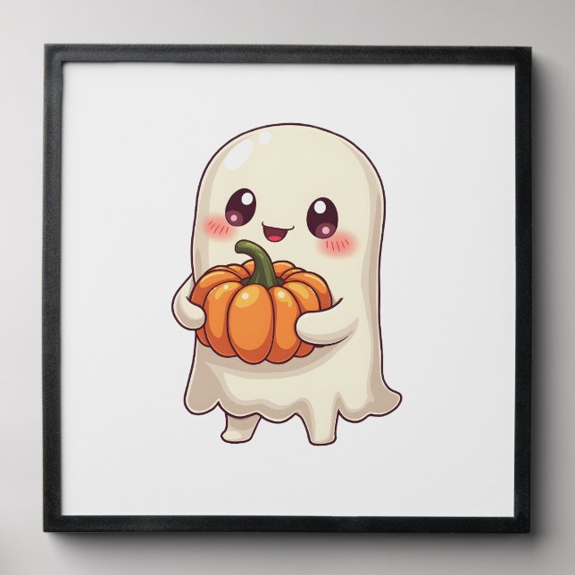 Cute Ghost with Pumpkin � Funny Halloween Peel And Stick Photo Tile (Front Set)