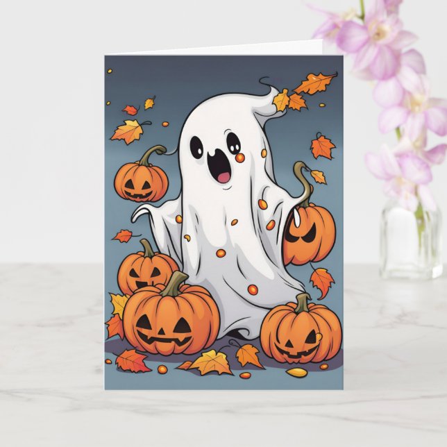 Cute Ghost with Pumpkins Halloween Card (Orchid)