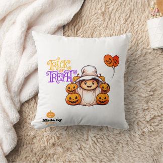 Cute Ghost with Pumpkins Trick or Treat Halloween  Throw Pillow