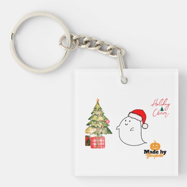 Cute Ghost with Santa Hat & Christmas Tree – Adora Keychain (Front)