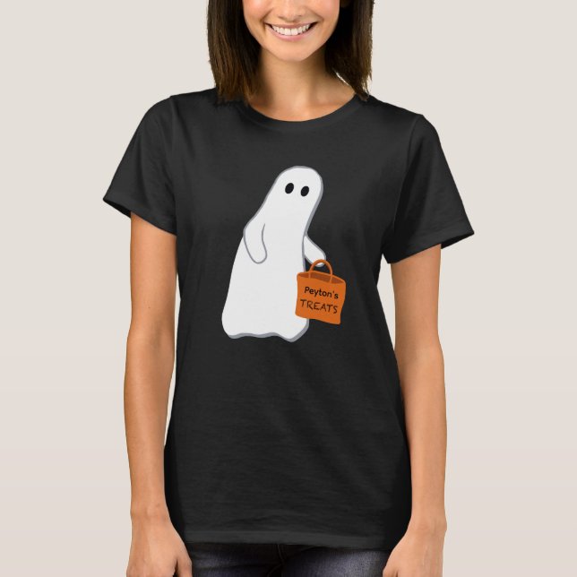 Cute Ghost with Treat Bag Personalized T-shirt (Front)