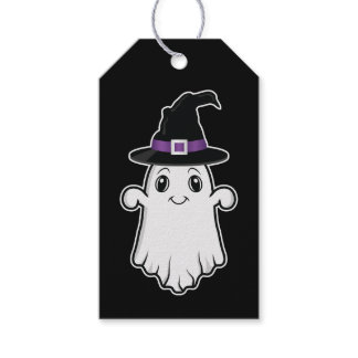 Cute Ghost With Witch Hat Happy Halloween Black Gift Tags