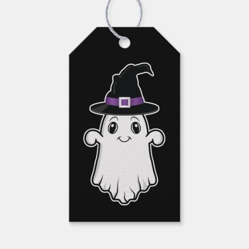 Cute Ghost With Witch Hat Happy Halloween Black Gift Tags