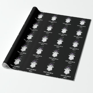 Cute Ghost With Witch Hat Happy Halloween Black Wrapping Paper