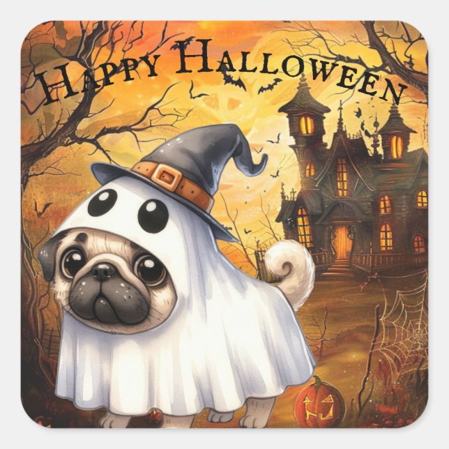 Cute Ghostie Pug Customizable Halloween Square Sticker (Front)