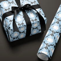 Cute Ghosts and Black Bows on Blue Halloween Wrapping Paper