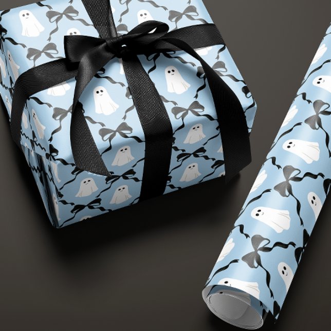 Cute Ghosts and Black Bows on Blue Halloween Wrapping Paper (baby blue Halloween gift wrapping paper with a cute smiling ghost and black bow diamonds boo is due)
