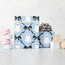 Cute Ghosts and Black Bows on Blue Halloween Wrapping Paper