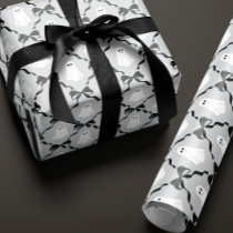 Cute Ghosts and Black Bows on Gray Halloween Wrapping Paper