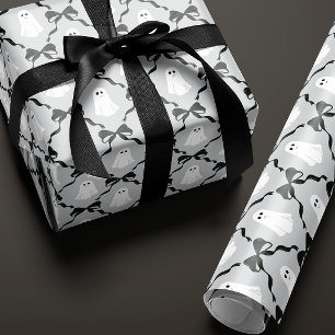 Cute Ghosts and Black Bows on Gray Halloween Wrapping Paper