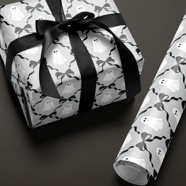 Cute Ghosts and Black Bows on Gray Halloween Wrapping Paper (pale gray Halloween gift wrapping paper with a cute smiling ghost and black bow diamonds)
