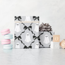Cute Ghosts and Black Bows on Gray Halloween Wrapping Paper