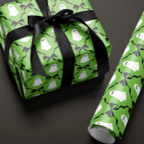 Cute Ghosts and Black Bows on Green Halloween Wrapping Paper