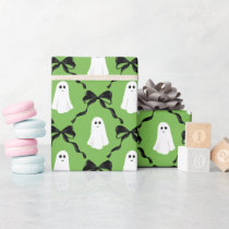 Cute Ghosts and Black Bows on Green Halloween Wrapping Paper
