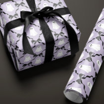 Cute Ghosts and Black Bows on Lilac Halloween Wrapping Paper
