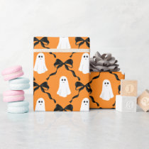 Cute Ghosts and Black Bows on Orange Halloween Wrapping Paper