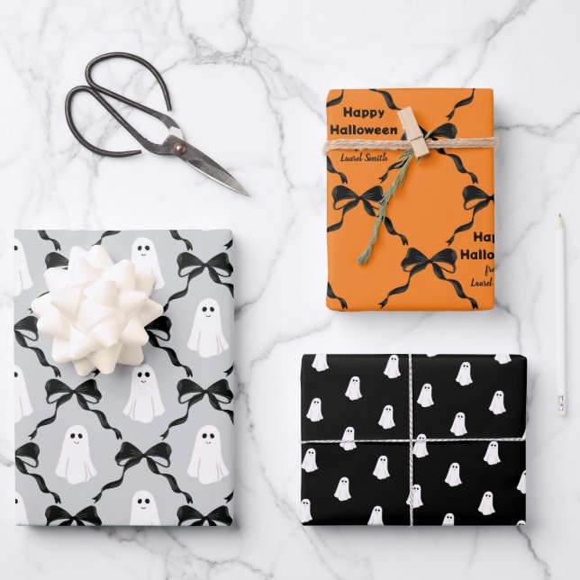 Cute Ghosts and Coquette Bows Halloween Wrapping Paper Sheets (Front)