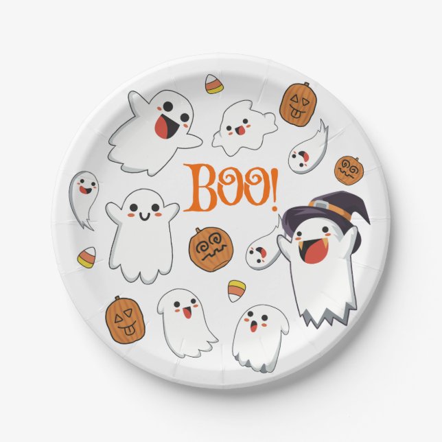 Cute Ghosts and Pumpkin Halloween Party Plates (Front)