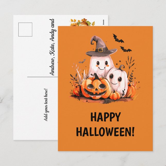 Cute Ghosts and Pumpkins - Happy Halloween Holiday Postcard (Front/Back)