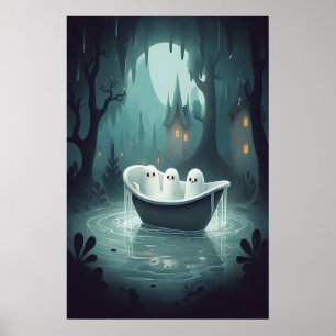 Cute Ghosts Bathtub Halloween , Ghost Bathroom Poster