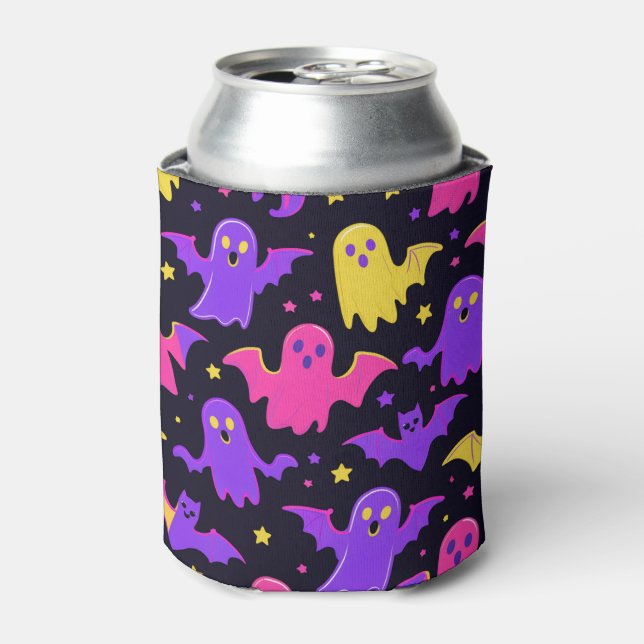 Cute Ghosts & Bats Halloween Can Cooler (Can Front)