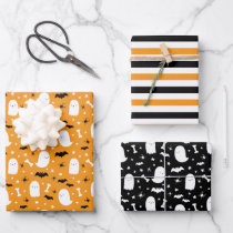 Cute Ghosts & Bats Orange Halloween Wrapping Paper Sheets
