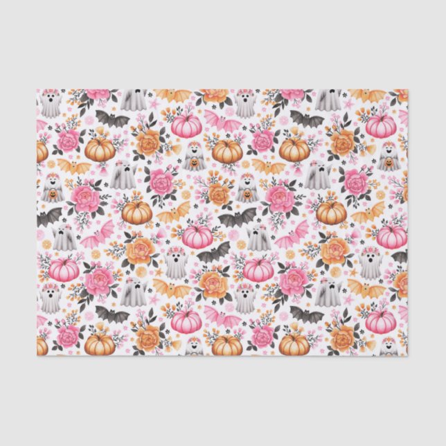 Cute Ghosts, Bats, Pumpkins and Florals Halloween Tissue Paper (Front)