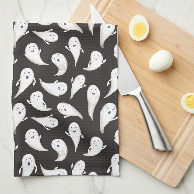 Cute Ghosts Black Halloween Kitchen Towel (Quarter Fold)