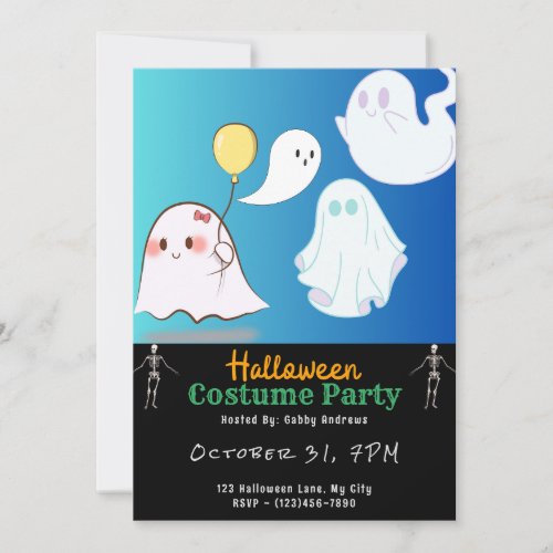 Cute Ghosts Blue Sky Black Halloween Invitation