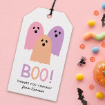 Cute Ghosts Boo Name Halloween Birthday Gift Tags<br><div class="desc">These adorable birthday favor tags feature 3 ghosts in pastel colors of purple, pink, and peach. The word BOO! is displayed in a multicolored modern font. Text templates are included for personalization, making these great for a Halloween themed birthday party or a Halloween party! The back contains stars in purple,...</div>