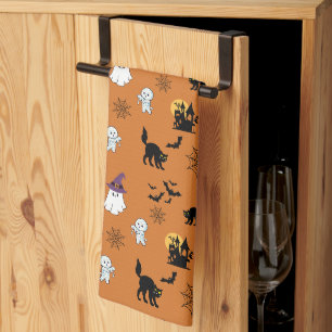 Cute Ghosts Cats Bats Halloween Kitchen Towel