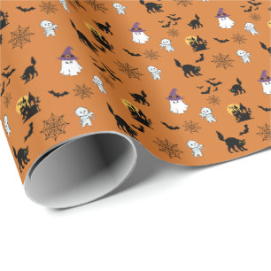 Cute Ghosts Cats Bats Halloween Wrapping Paper