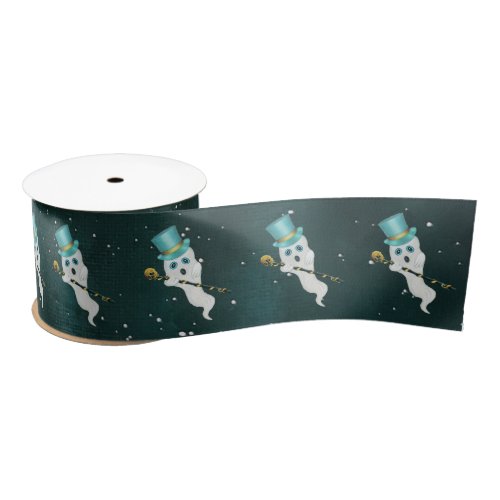 Cute Ghosts Floating in Night Sky Top Hat Cane Satin Ribbon
