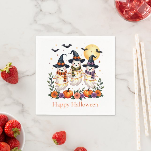 Cute Ghosts Flowers Pumpkins Bats Halloween  Napkins (Insitu)