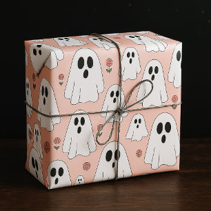 Cute Ghosts & Flowers Seamless Halloween Pattern Wrapping Paper