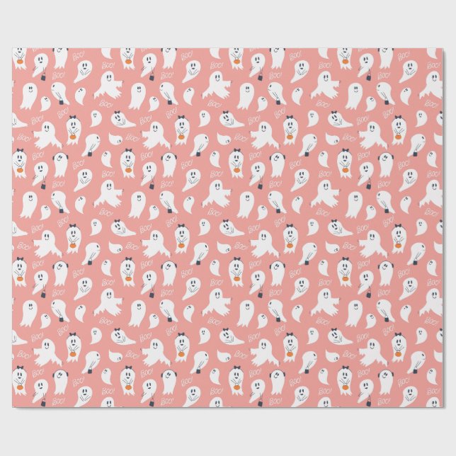 Cute ghosts Halloween Elegant Pink White Wrapping Paper (Flat)