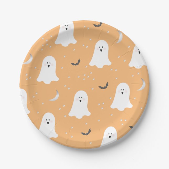 Cute Ghosts Halloween Pastel Orange Paper Plate (Front)