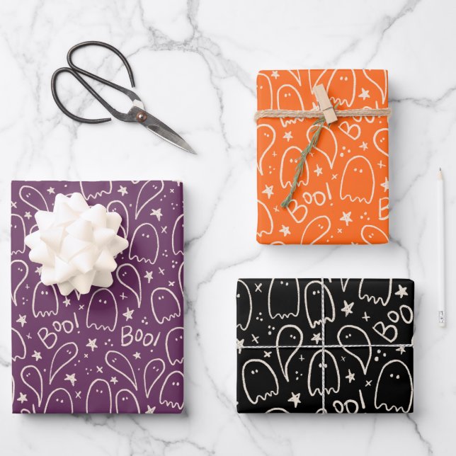 Cute Ghosts Halloween Pattern Gift Wrapping Paper Sheets (Front)
