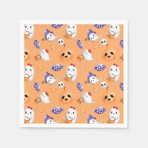 Cute Ghosts Orange Halloween Pattern Baby Shower  Napkins